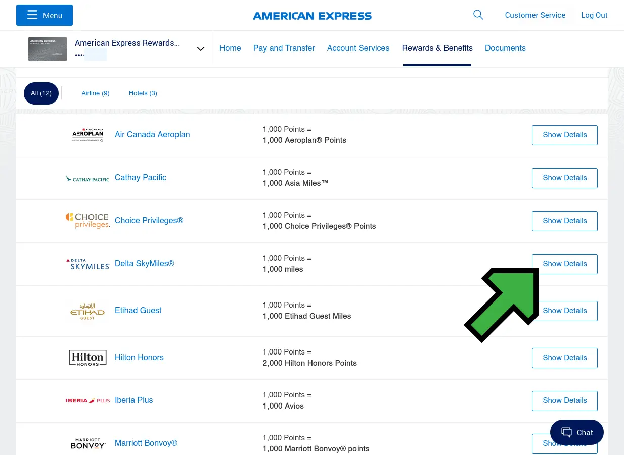 Screenshot of choosing desired airline partners on Amex website