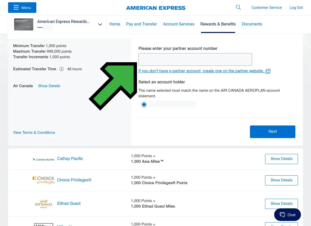 Screenshot of linking frequent flyer account on Amex website