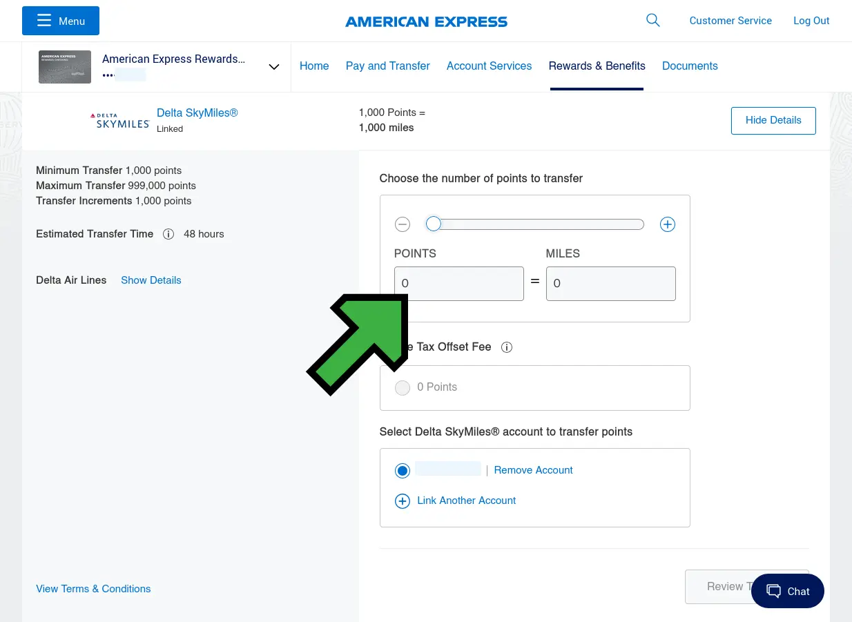Screenshot of specifying points to transfer on Amex website