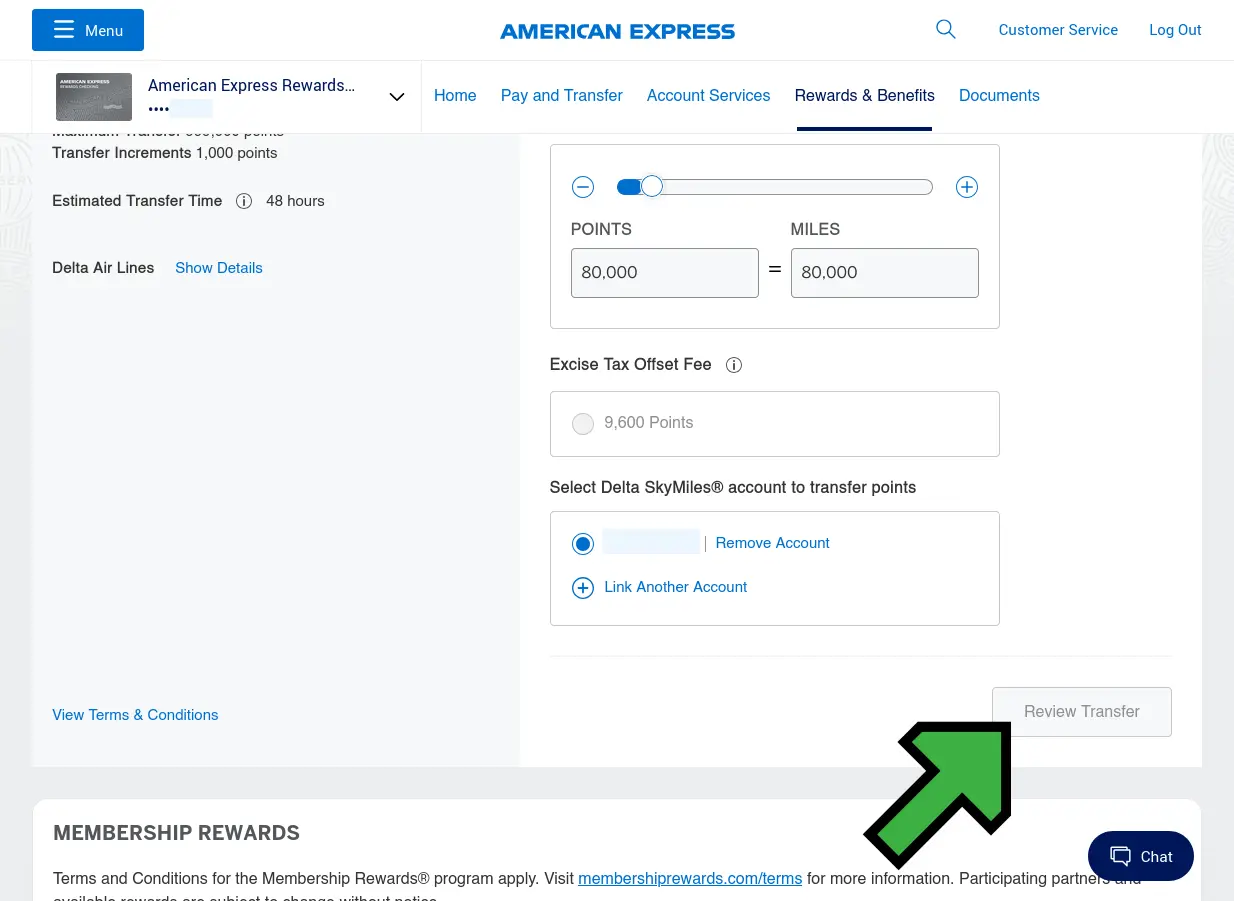 Screenshot of confirming transfer on Amex website