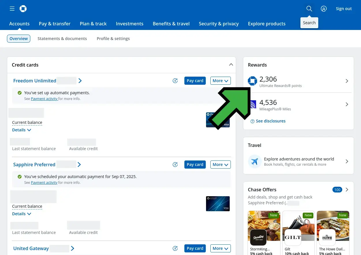 Screenshot of navigating to Ultimate Rewards section