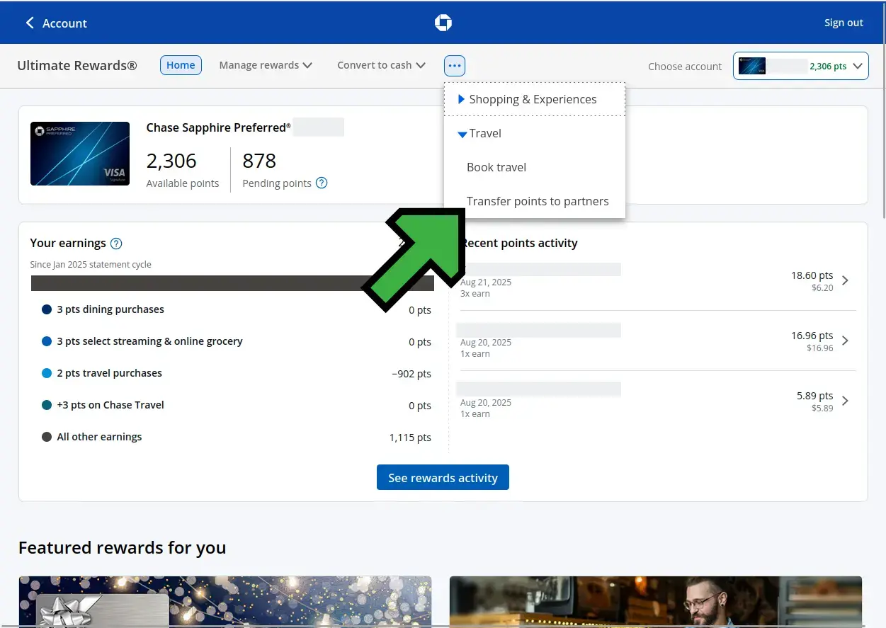 Screenshot of selecting Transfer points to partners