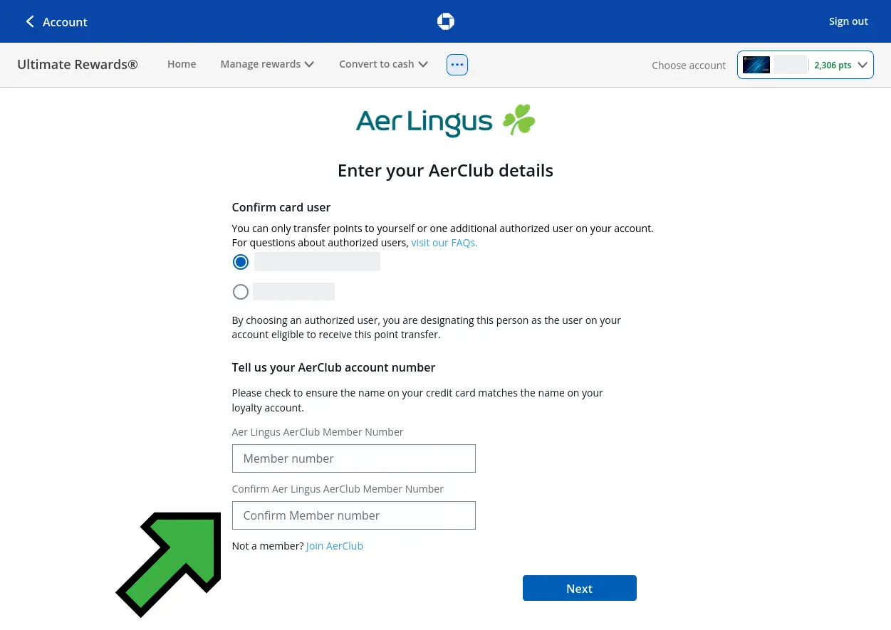 Screenshot of entering airline loyalty program details