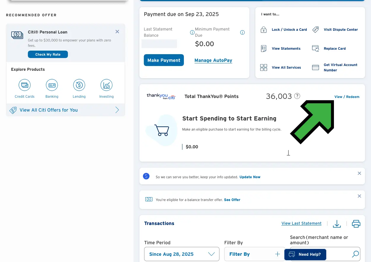 Screenshot of Citi ThankYou Rewards account with View/Redeem highlighted