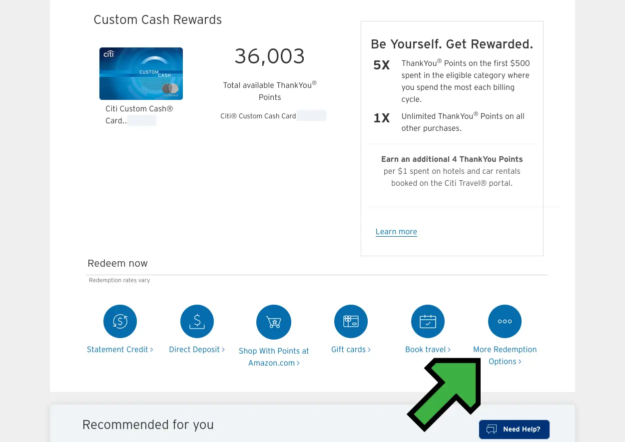 Screenshot of Citi ThankYou Rewards site with More Redemption Options highlighted