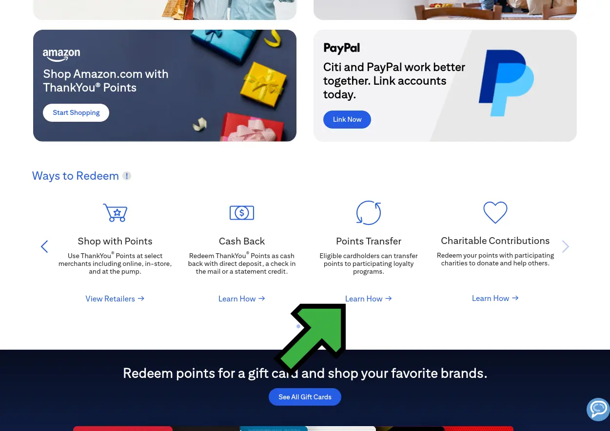 Screenshot of Citi ThankYou Rewards site with Points Transfer highlighted