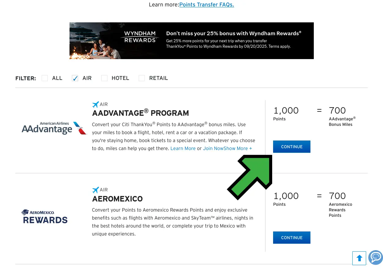 Screenshot of Citi ThankYou Rewards site with airline partners listed